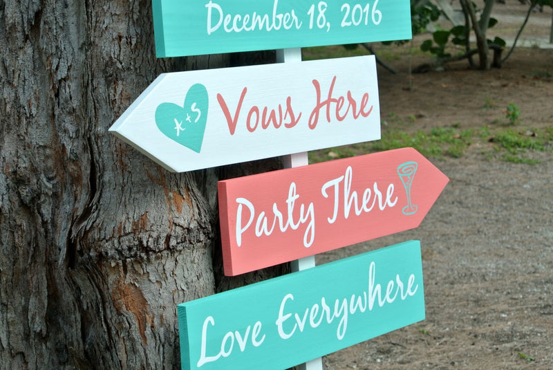 Coral welcome to our wedding direction sign with names, Beach wedding decor Vows Here, Party There, Love everywhere sign with heart