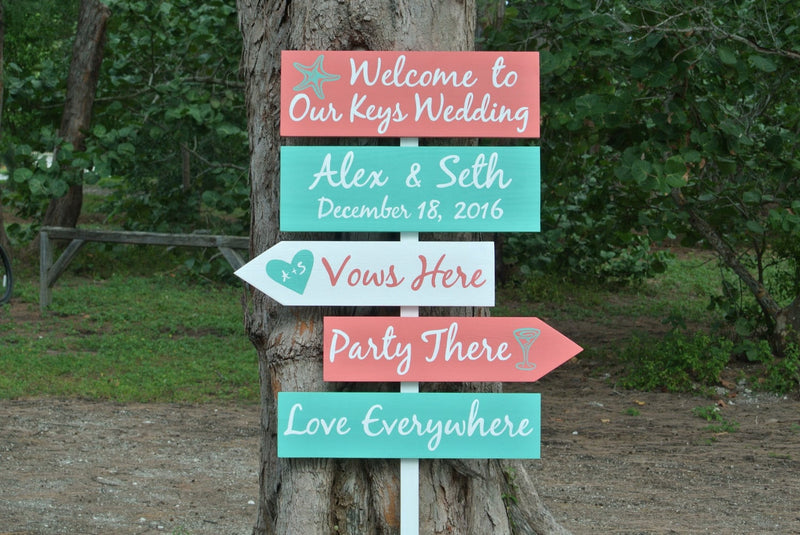 Coral welcome to our wedding direction sign with names, Beach wedding decor Vows Here, Party There, Love everywhere sign with heart