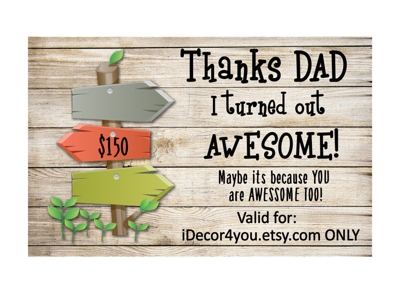 Fathers day Last minute Gift Certificate for iDecor4you store. Gift for Dad. 150 dollars