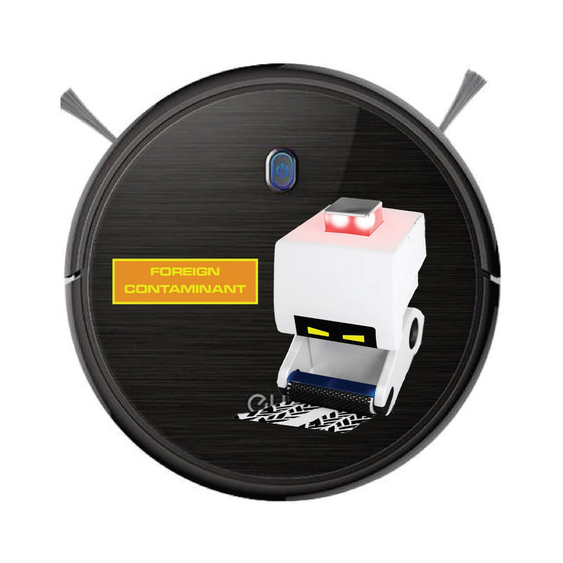 Foreign Contaminant M-O sticker for Robot Vacuum cleaner. Washable Laminated sticker.