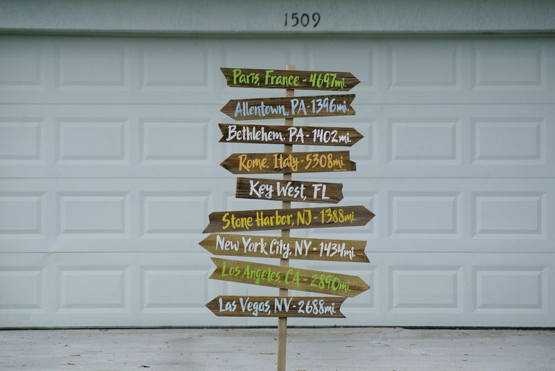Directional Sign post wood rustic. Garden decor.  Destination wooden arrow sign. Family Gift for Home