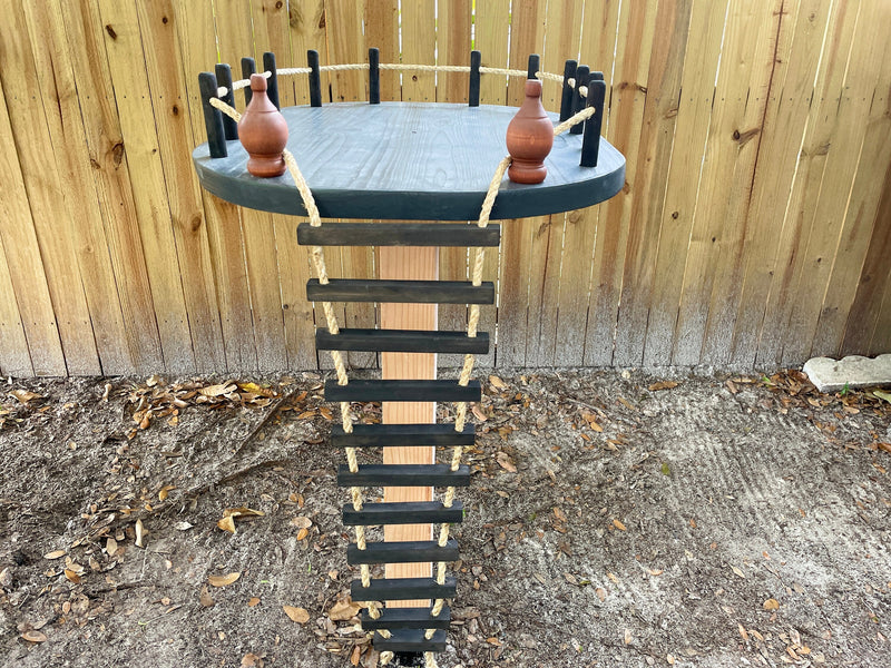 birds feeder garden decor on pole, rope ladder