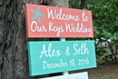Coral welcome to our wedding direction sign with names, Beach wedding decor Vows Here, Party There, Love everywhere sign with heart