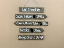 Grandkids sign with names, state maps and mileages. Grand kids directional sign wood on rope