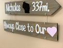 Grandkids sign with names, state maps and mileages. Grand kids directional sign wood on rope