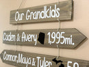 Grandkids sign with names, state maps and mileages. Grand kids directional sign wood on rope