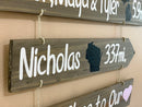 Grandkids sign with names, state maps and mileages. Grand kids directional sign wood on rope