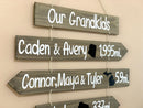 Grandkids sign with names, state maps and mileages. Grand kids directional sign wood on rope