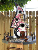 Large Wood Bird house with rope ladder Sakura tree, Japanese style. Bird feeder for outdoor garden decor.